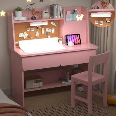 Imagem de RUPOLX Wooden Pink Kids Study Desk and Chair Set with Light, Paper Roll Dispenser and 2 Drawers, Children Desk with Hutch and Shelves, Girls Study Desk for Kids Bedroom-001