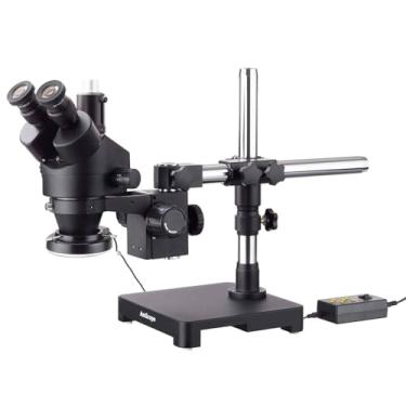 Imagem de AmScope SM-3TX-144A-B 3,5X-45X Microscópio Estéreo Trinocular Preto Zoom em Suporte Boom de Braço Único + Anel de Luz LED Ajustável 144 Direções
