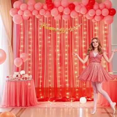 Imagem de Cortina de fundo de tule vermelho de 3 m x 3 m com cordão de luzes para festa de Natal, cortina transparente vermelha para festa de aniversário, casamento, feriado, decoração de quarto