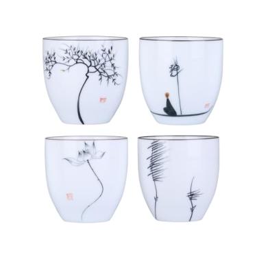 Imagem de I-MART Conjunto de 4 xícaras de chá japonesas, xícaras de cerâmica Kung Fu estilo chinês para matcha, conjunto de chá asiático pequeno de 142 g, xícara de porcelana branca tradicional presente para