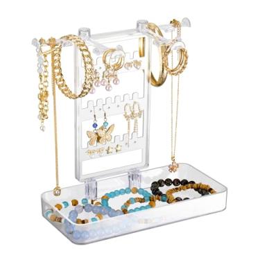 Imagem de NiHome Suporte de exibição de joias de acrílico com bandeja – organizador de colar, pulseira e brinco transparente, suporte de mesa de 21 x 20 x 10 cm, armazenamento de joias que economiza espaço para