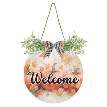 Imagem de SEHANY Guirlandas de outono para decoração de porta da frente, letreiro de boas-vindas de abóboras de madeira rústica para pendurar no dia de Ação de Graças para decoração de festas ao ar livre