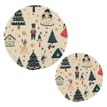 Imagem de Blueangle 2 peças de porta-panelas de Natal com personagens de quebra-nozes - conjunto de pegadores de panela de tecido redondo - almofadas quentes trançadas de algodão - porta-copos - tapetes de mesa