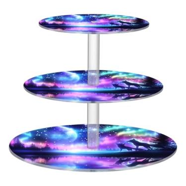 Imagem de Blueangle Suporte redondo de cupcake de 3 camadas – Torre de sobremesa de acrílico Aurora Boreal Lobo, suporte de sobremesa em camadas antiderrapante para chá de bebê, aniversário, festa de casamento