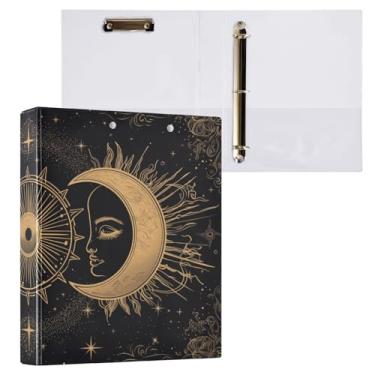 Imagem de Blueangle Fichário com 3 anéis de sol e lua dourados com prancheta e 2 bolsos - Organizador de documentos decorativos de 3 cm para escritório, suprimentos para reuniões (374)