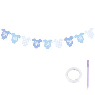 Imagem de Nextpal Decorações de chá de bebê azul, faixa de body guingão azul com ferramenta pré-amarrada, cartões de macacão de bebê menino para chá de bebê para revelar ideias e decoração de festa, decoração