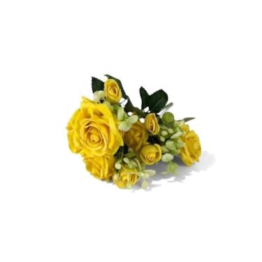 Imagem de Buquê de Rosas Artificiais com Folhagem – 5 Rosas + 5 Botões | Flor Artificial Decorativa para Vaso, Arranjos, Sala e Casamento(Amarelo)