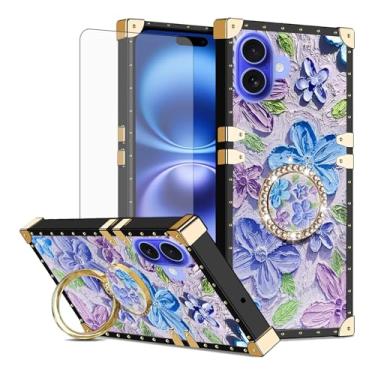 Imagem de Asuwish Capa de celular para iPhone 16 de 6,1 polegadas com protetor de tela de vidro temperado e flor de pintura anel protetor à prova de choque suporte rígido i Phone16 i16 16 capa feminina roxa