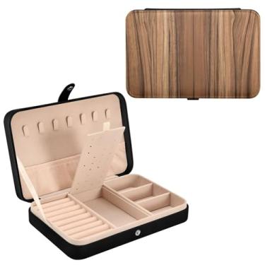 Imagem de WELLDAY Estojo de joias com padrão de madeira teca, pequena caixa de joias de viagem, mini estojo organizador de joias portátil para mulheres e meninas