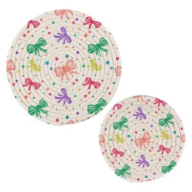 Imagem de Wassud Trivet colorido com laços e pontos para pratos quentes, suportes de panela redondos, almofadas quentes de algodão, porta-copos elegantes, decoração de cozinha e acessórios, 2 peças