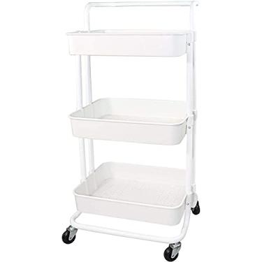 Imagem de Carrinho de armazenamento utilitário de 3 camadas, prateleira organizadora multifuncional com alça e rodas bloqueáveis para casa, cozinha, banheiro, lavanderia, escritório, etc.