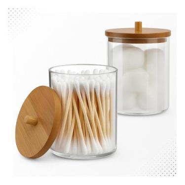 Imagem de Kit 2 Porta Cotonete Algodão Acrílico Tampa Bambu Multiuso - FUXING
