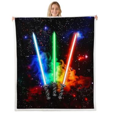 Imagem de jejeloiu Cobertor de lã com sabres de luz coloridos 127 cm x 152 cm para crianças, espaço sideral, sherpa, galáxia, felpudo, para cama, sofá, cadeira, sala de estar, microfibra, leve