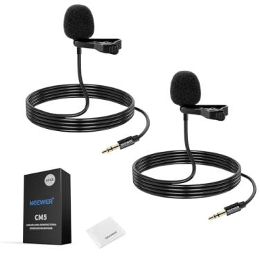 Imagem de NEEWER CM5 Lav Mic (embalagem de 2), 3,9 pés / 1,2 m Clip On Cable lapela Lavalier condensador omnidirecional 3,5 mm TRS Mini Mic compatível com Rode Wireless GO II 2 dji transmissor câmara, 1 pano