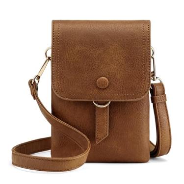 Imagem de Kiss Sea Bolsa tiracolo pequena feminina de couro PU bolsa para celular com vários compartimentos bolsa carteira para itens essenciais preta, Marrom, Small