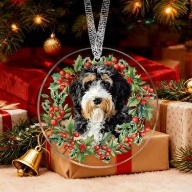 Imagem de 1 enfeite de Natal de acrílico para cachorro fofo – decoração redonda para animais de estimação, presente ideal para amantes de cães e gatos (mulheres e homens) para árvore de Natal