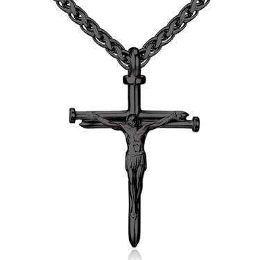 Imagem de Esrial Presentes de Natal com cruz para homens, banhado a ouro 18 K, crucifixo de Jesus, pingente de unhas, ouro/preto/prata 45,7 + 5 cm, confirmação de batismo cristão, presentes religiosos para