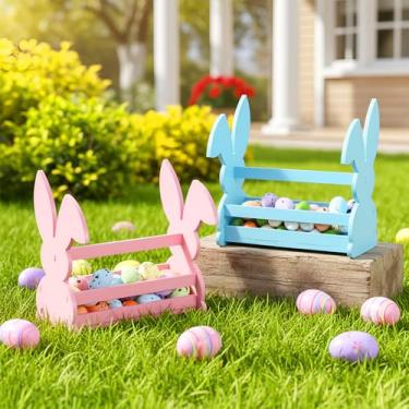 Imagem de Yookeer 2 cestas de madeira para coelhinho de Páscoa com alça para lembrancinhas de festa, cesta fofa de ovos de coelho de Páscoa para presentes, rosa e azul