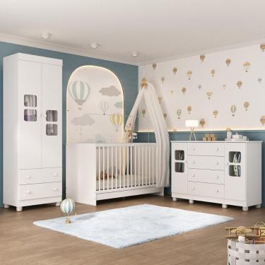 Imagem de Quarto De Bebê Completo Com Berço 3 Em 1 Para Colchão 130x60cm Sol Multimóveis MP4530 Branco