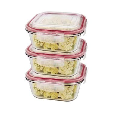 Imagem de Kit 3 Potes De Vidro Hermético Quadrado Tampa Lock Marmita Mantimento 