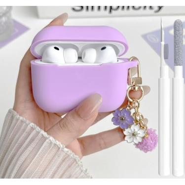 Imagem de Linda capa roxa para Airpods Pro 3 para meninas e mulheres com chaveiro de flor de pompom e kit de limpeza, capa protetora de silicone macio para Airpods iPod Pro 3ª geração