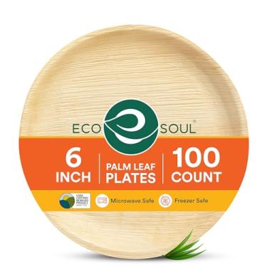 Imagem de ECO SOUL Pratos de folha de palmeira 100% compostáveis, biodegradáveis, descartáveis | como pratos de bambu, ecologicamente corretos de 1,8 m | Resistentes, seguros para micro-ondas e forno | Pratos de festa, casamento, evento (100 unidades de 15 cm, redondo)