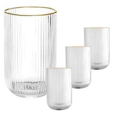Imagem de Kit 4 Copos Vidro Versalhes Borda Dourada Canelado Bulk Long Drink Agu