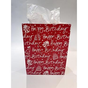 Imagem de Ssyuysto Saco de presente de aniversário de 33 cm vermelho para presente de feliz aniversário com etiqueta de papel de seda branca para presente de festa com alças de corda vermelha para mulheres