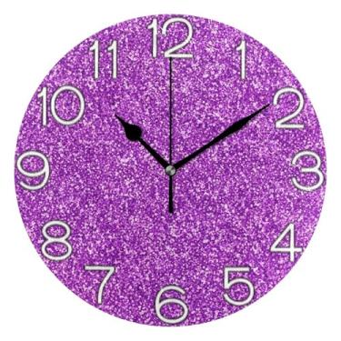 Imagem de Relógio de parede analógico brilhante com textura roxa relógio decorativo de cozinha bonito e divertido alimentado por bateria, decoração de parede moderna para sala de estar, 25 cm, ponteiros pretos