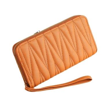 Imagem de Carteira feminina de couro genuíno com dobra dupla/tripla - Suporte minimalista para cartão de crédito com bloqueio de RFID e bolso para moedas, Marrom, Casual