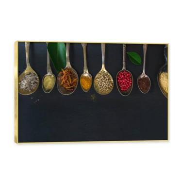 Imagem de Moldura dourada. Arte de parede em tela de especiarias coloridas e colher de tempero | Decoração de cozinha vintage | Arte moderna para casa e sala de jantar. C47. 30 x 45 cm-11,8 x 17,7 pol
