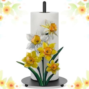 Imagem de Willinglong Suporte de toalha de papel de primavera de narcisos decoração e acessório de cozinha 3D pintura à mão padrão de narciso amarelo metal preto casa de fazenda grande base ponderada para