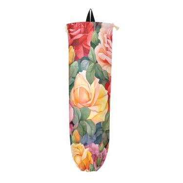 Imagem de Aquarela com rosas coloridas 2 unidades de suporte de sacola de compras, dispensador de sacola de supermercado para sacolas plásticas, suporte de sacola de supermercado cozinha