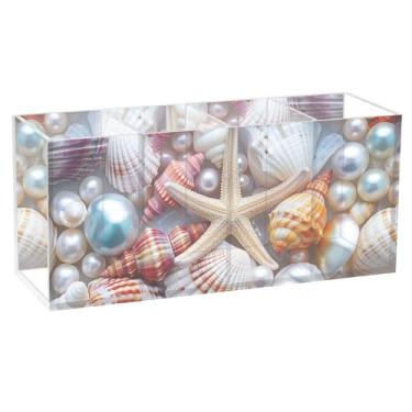 Imagem de TSENQUE Porta-canetas de acrílico personalizado com pérolas, pérolas, estrela-do-mar, para mesa, arte, escritório, organizador de artigos de papelaria, copo decorativo, material de escritório