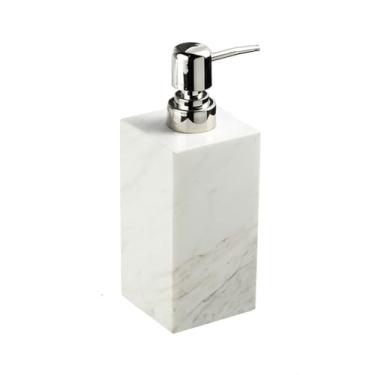 Imagem de hezhuhe2258 Dispensador de sabão de mármore recarregável, saboneteira líquida quadrada de mármore para cozinha ou banho, 150 ml (bomba de prata branca)