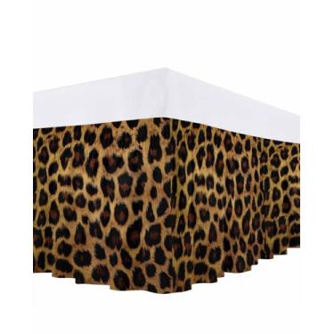 Imagem de Saias para cama queen com estampa de leopardo e cintos elásticos ajustáveis, ajuste fácil, 40,6 cm, marrom, vintage, animal