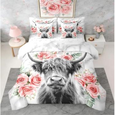 Imagem de Erosebridal Conjunto de edredom Queen com estampa de vaca Highland com 7 peças, rosa, cinza, mármore em uma bolsa, animais engraçados, animais selvagens, animais selvagens, fazenda, gado