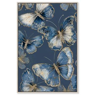 Imagem de Golden Wings I Impressão em Tela Azul Decoração de Parede por Art Remedy, Moldura Prata, 40,6 x 61 cm