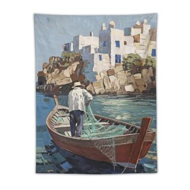 Imagem de Tapeçaria de barco pescador, pedra branca, rede de pesca de aldeia costeira, cena de captura, paisagem vibrante, decoração de parede, para sala de estar, quarto, casa, decoração cênica, peça