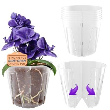 Imagem de Bluepro Vasos de orquídea com abertura lateral de 12 cm, pacote com 6, vasos de plástico para berçário com paredes laterais removíveis para facilitar o replantio, vasos de flores com fenda respirável