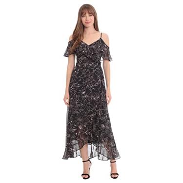 Imagem de London Times Vestido maxi feminino com estampa floral ombro vazado com detalhes de babados, Preto/Blush, 42