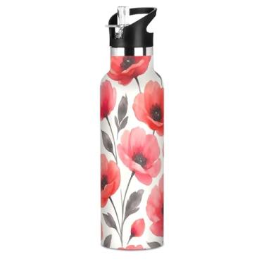 Imagem de Joisal Aquarela Flores vermelhas rosa garrafas de água para meninas adolescentes garrafa de água isolada à prova de vazamento copos de viagem infantis de aço inoxidável com tampa de canudo para