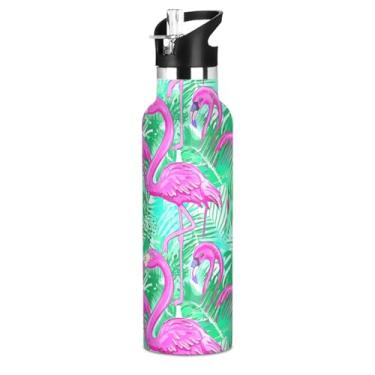 Imagem de Garrafas de água isoladas de aço inoxidável de 590 ml com tampa de canudo para bebidas frias ou quentes, rosa flamingo verde folhas de palmeira livre de BPA, copo de viagem para meninos e meninas