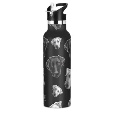 Imagem de Joisal Garrafa de água isolada de aço inoxidável de 590 ml com tampa de palha, engraçado preto e branco Retriever Garrafas de água para cães para meninos meninas copo de viagem parede dupla vácuo