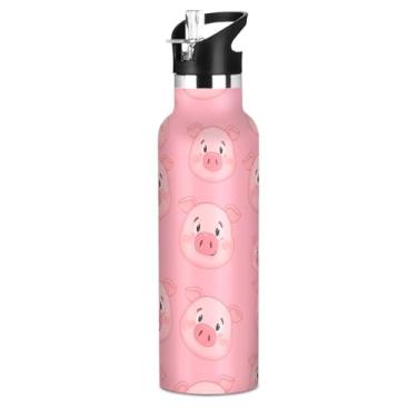 Imagem de Garrafa de água isolada para meninas para escola, desenho animado rosa com rostos de porco fofos, 590 ml, livre de BPA, parede dupla, copo de aço inoxidável, copo de viagem com tampa de canudo