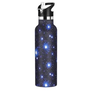Imagem de Joisal Garrafas de água isoladas infantis de 590 ml com tampa de palha, azul e preto estrelas nuvens garrafa de água de aço inoxidável para escola com alça, copos de viagem a vácuo de parede dupla