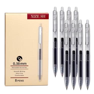 Imagem de XIZE SH Canetas esferográficas retráteis de 0,38 mm, ponta ultrafina, tambor transparente, tinta gelatinosa preta, pacote com 8, escrita suave para diário, anotações