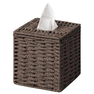 Imagem de Capa de caixa de lenços, corda de papel, suporte quadrado tecido à mão para decoração de casa, bancada de banheiro, escritório, mesa de cabeceira, marrom escuro