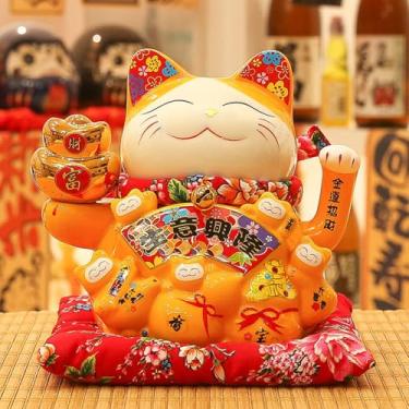 Imagem de FENNYYAR Yuanbao Orange Waving Arm Maneki Neko Presente Pequeno Gato Branco Cerâmica, 23 cm 22,6 cm, Abertura Loja Decoração de Presente