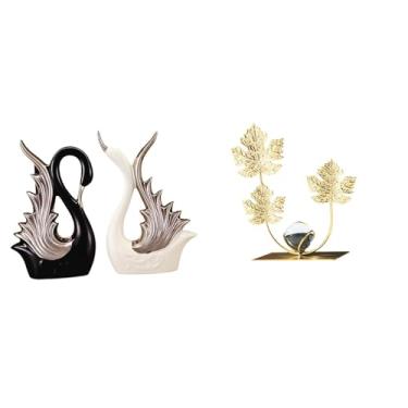 Imagem de Whtkoph Estatuetas de Cisne em Cerâmica, Escultura em Forma de Folha, Ornamento para Estante, Decoração Moderna para Casa, Item de Colecionador para Aniversár